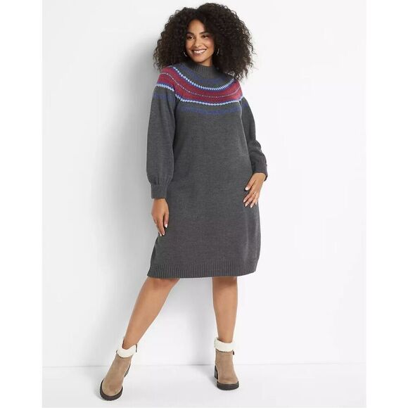 Lane Bryant Turtleneck Fair Isle Sweater Dress Gray Pink Aztec Plus Size 26/28 - Picture 1 of 12